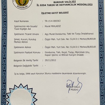 Tarım Bakanlığı İşletme Kayıt Belgesi