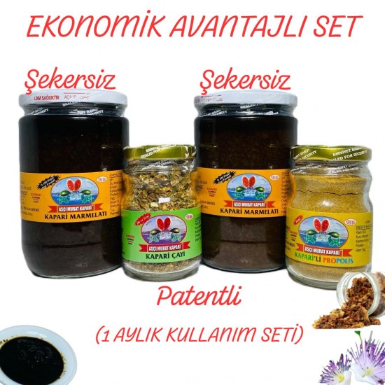Şekersiz Kapari Marmeladı-Kapari Dökme Çayı-Kaparili Propolis (1 Aylık Set) 2,370 GR. Şekersiz Kapari Marmeladı-Kapari Dökme Çayı-Kaparili Propolis (1 Aylık Set) 2,370 GR.